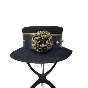 Vintage Steampunk‎ 100% Wool Felt Top Hat Black Gold 3D Rosette USA Cosplay
